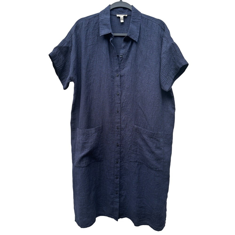 Eileen Fisher Organic Linen Button Front Shirtdress Navy Black Check Small